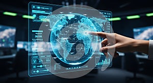 Futuristic digital globe interface showcasing global data and technology interaction in a modern control room