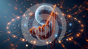 Futuristic digital globe with network lines and rising global finance graph