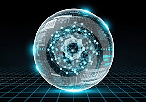 A futuristic digital globe surrounded by interconnected data streams and nodes