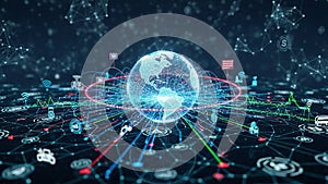 Futuristic Digital Globe Surrounded by Interconnected Nodes and Data Streams with technology