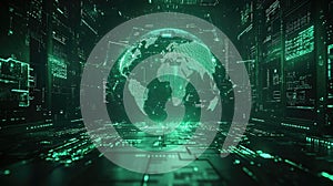 Futuristic digital globe in a virtual server room with green data streams