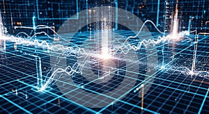 Futuristic digital grid with glowing data streams and fluctuating waveforms in motion