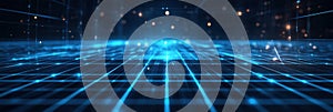 Futuristic digital grid with holographic effects and glowing nodes creating an innovative technology landscape in a high