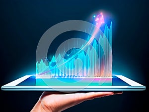 Futuristic digital growth chart emerging from tablet â AI generated