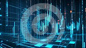 Futuristic digital growth chart with glowing blue bar graph elements, showcasing advanced technology and data visualization in a