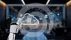 Futuristic Digital Hand Interacting with Cloud Technology Interface Abstract Background for Technology, Innovation, AI