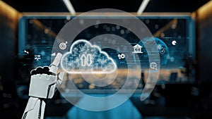 Futuristic Digital Hand Interacting with Cloud Technology Interface Abstract Background for Technology, Innovation, AI