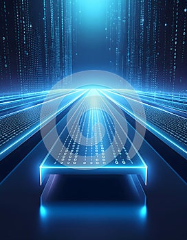 Futuristic Digital Highway with Binary Code and Glowing Blue Data Trails, Representing Fast Information Flow and Technology