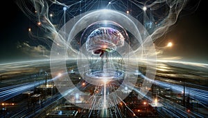 A futuristic digital illustration combining advanced technology and human consciousness.