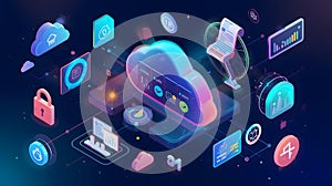 Futuristic digital illustration depicting cloud computing and data management concepts