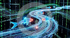 Digital Fish Swim Stream of Binary Code Data, Futuristic Technology Concept