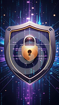 A futuristic digital illustration depicts a glowing padlock in the center of a shield, symbolizing cybersecurity
