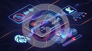 Futuristic digital illustration featuring a dark interface with neon elements Generative AI