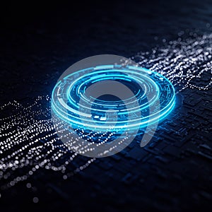Futuristic digital illustration featuring a glowing blue circular interface on a dark,