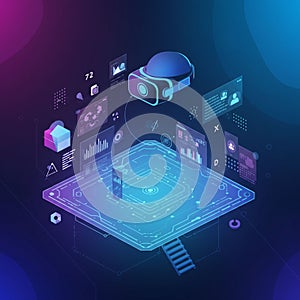 Futuristic digital illustration featuring a virtual reality headset surrounded by floating