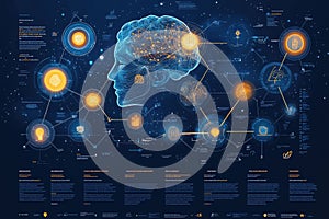 Futuristic digital illustration of a human brain with interconnected data points and glowing elements