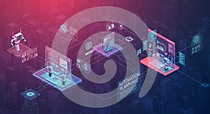 Futuristic digital illustration showcasing a network of interconnected platforms above