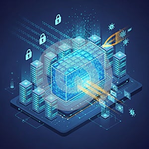 Binary code and padlock icons signify encryption and cybersecurity