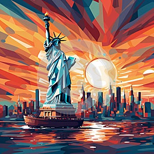 Futuristic digital illustration of the Statue of Liberty transformed into a sailng ship