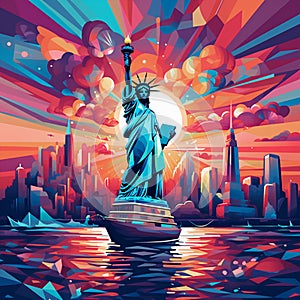 Futuristic digital illustration of the Statue of Liberty transformed into a sailng ship
