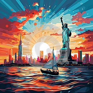 Futuristic digital illustration of the Statue of Liberty transformed into a sailng ship