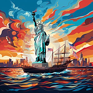 Futuristic digital illustration of the Statue of Liberty transformed into a sailng ship