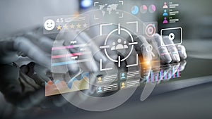 Futuristic digital interaction with data analytics and user interface elements featuring hands on touchscreen technology