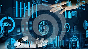 Futuristic Digital Interaction Between Human Hand and Robotic Hand with Data Visualizations on Background for Technology