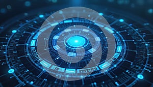 Futuristic digital interface. Blue circular elements technical design. Data visualization, advanced tech concept. Illustration