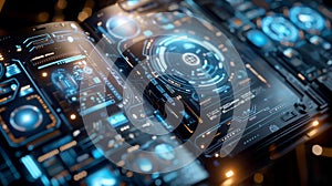 Futuristic digital interface with blue and orange glow