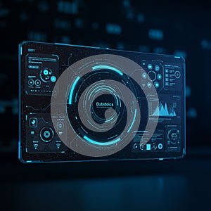 Futuristic digital interface with a central circular design labeled 