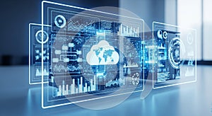 Futuristic Digital Interface with Cloud Computing and Data Analytics Visualization