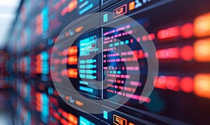 futuristic digital interface with colorful data and information on a large screen wall