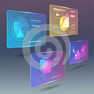 Each panel displays abstract graphs, charts, and data visuali