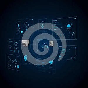 Futuristic digital interface on a dark background. Features multiple overlapping