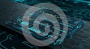 Futuristic digital interface on a dark surface displaying various data visualizations,