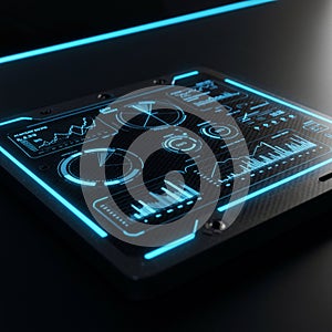 Futuristic digital interface on a dark surface, featuring neon blue holographic