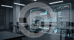 Futuristic digital interface with data analytics in modern office environment