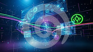 Futuristic Digital Interface with Data Streams and Geometric Shapes technology