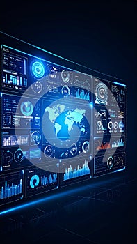 Futuristic digital interface with data visualization and world map display