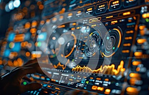 Futuristic Digital Interface with Data Visualizations and Analytics in a HighTech Environment