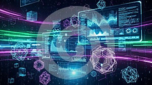 Futuristic digital interface with data visualizations and geometric shapes technology analytics