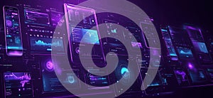 Futuristic digital interface with data visualizations, graphs, and analytics. Multiple screens displaying technology