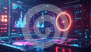 Futuristic Digital Interface with Data Visualizations and Graphs