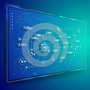 Screen displays a complex network of interconnected nodes and icons in