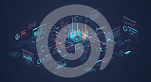 Futuristic digital interface design featuring a central microchip surrounded by