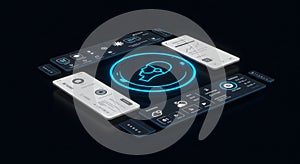 Futuristic digital interface design featuring UI UX elements on a dark background.