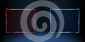 Futuristic digital interface design with glowing red and blue frames on a dark background