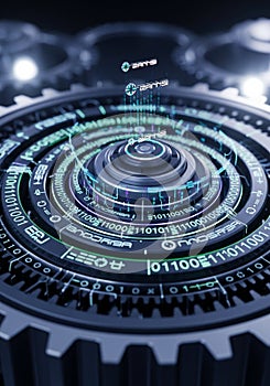 A futuristic, digital interface design resembling a mechanical cog