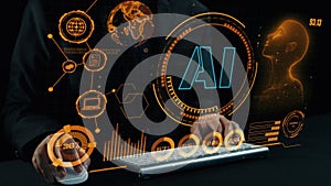 Futuristic Digital Interface Display Featuring Artificial Intelligence Concepts, Data Visualization and Human